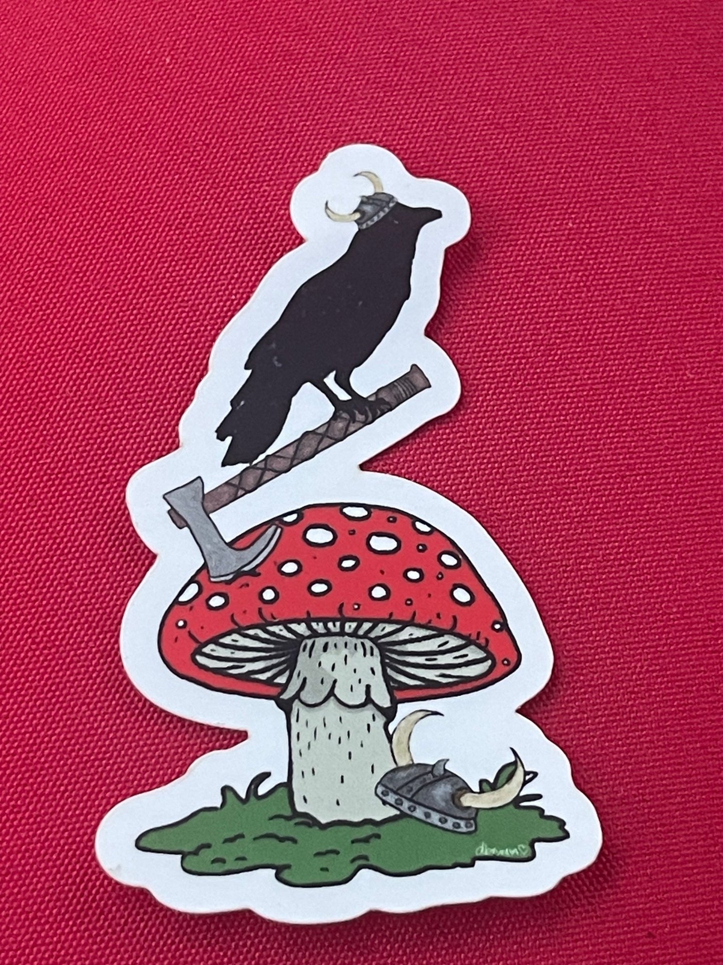Amanita Mushroom Sticker with Axe and Crow – Red Toadstool Whimsical Forest Vinyl Decal - Color Crumbs Club