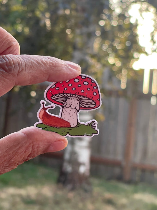 Amanita Mushroom Sticker with Slug – Whimsical Nature Vinyl Decal Die Cut Sticker - Color Crumbs Club