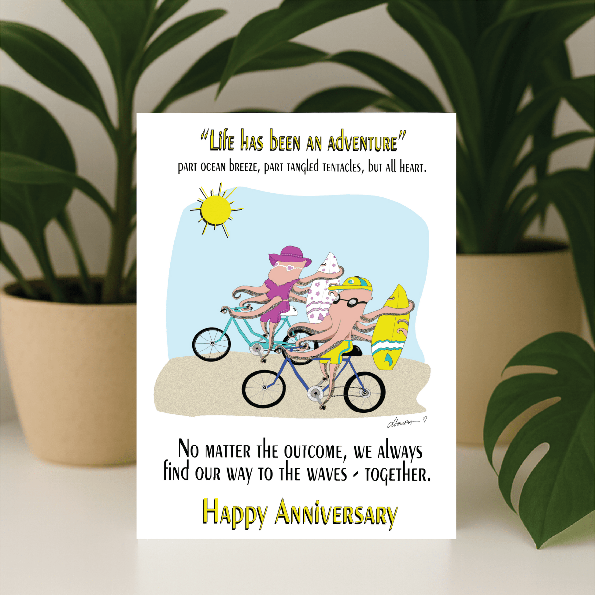 Anniversary Card Ocean - Inspired - Octopus Surfing Couple - Quirky Greeting Card for Sea Lovers - Color Crumbs Club