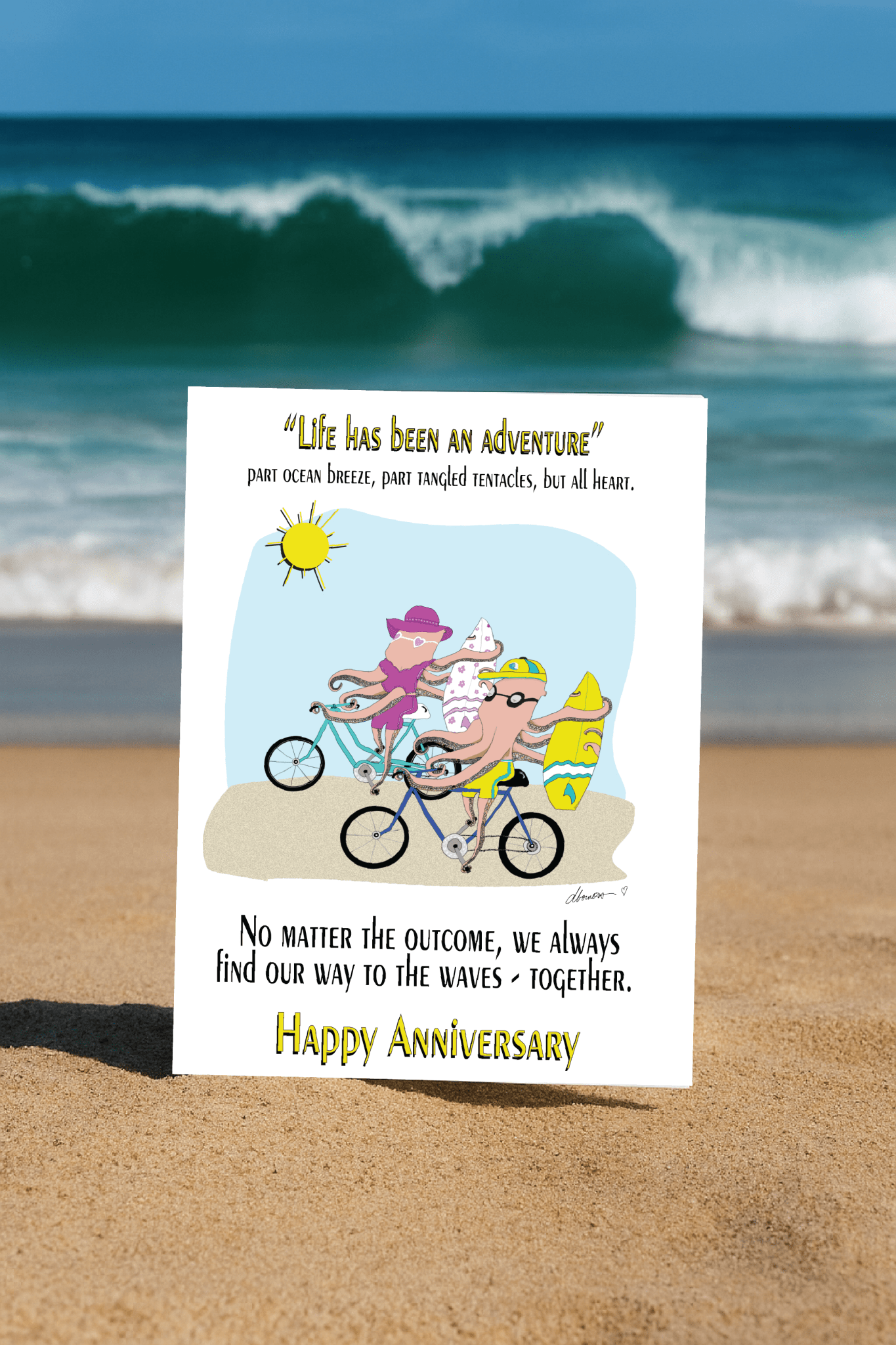 Anniversary Card Ocean - Inspired - Octopus Surfing Couple - Quirky Greeting Card for Sea Lovers - Color Crumbs Club