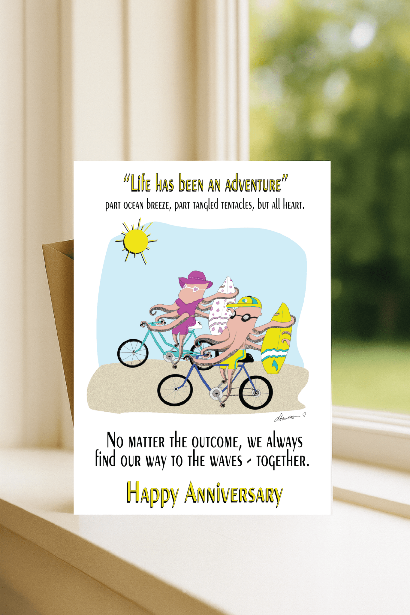 Anniversary Card Ocean - Inspired - Octopus Surfing Couple - Quirky Greeting Card for Sea Lovers - Color Crumbs Club