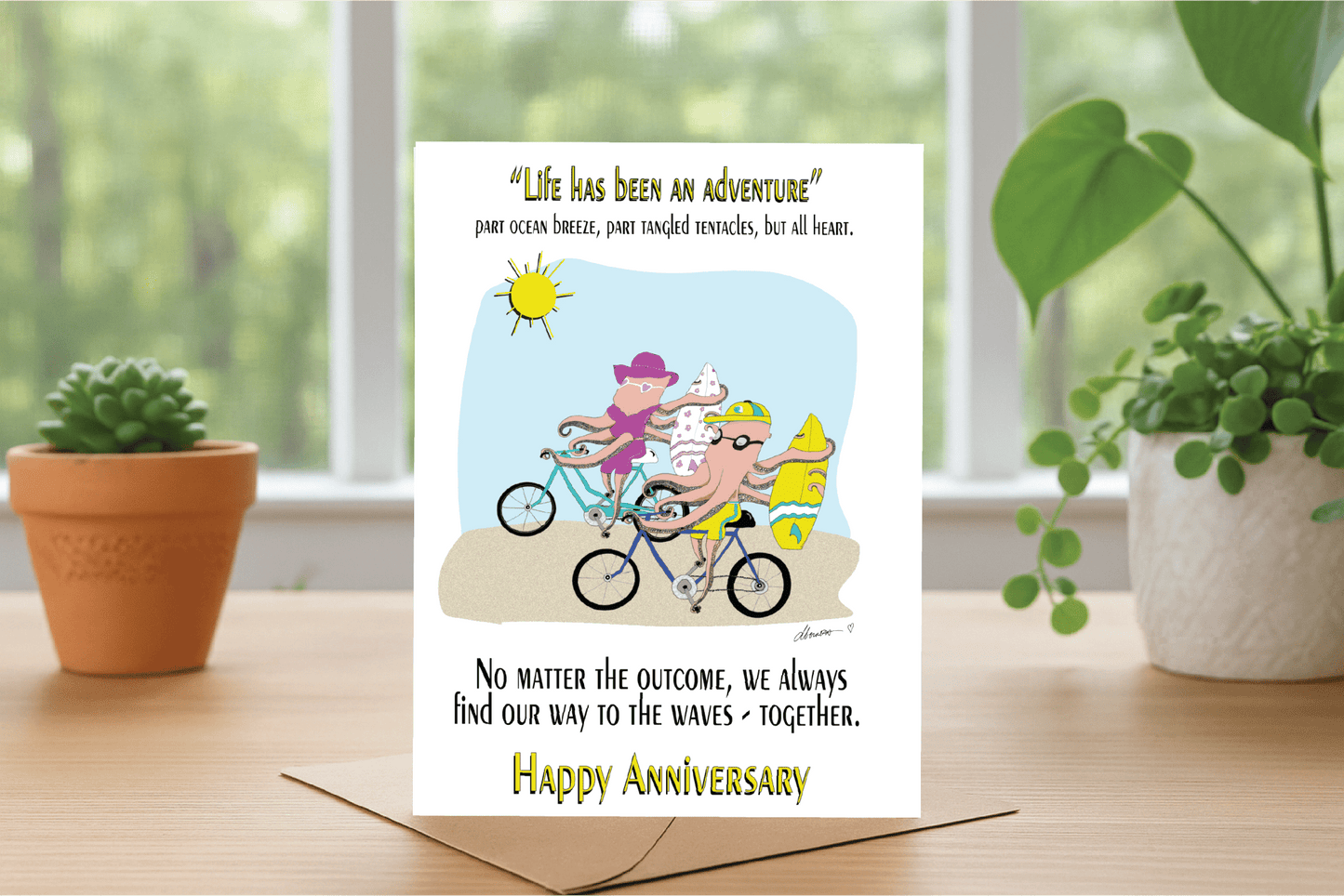 Anniversary Card Ocean - Inspired - Octopus Surfing Couple - Quirky Greeting Card for Sea Lovers - Color Crumbs Club