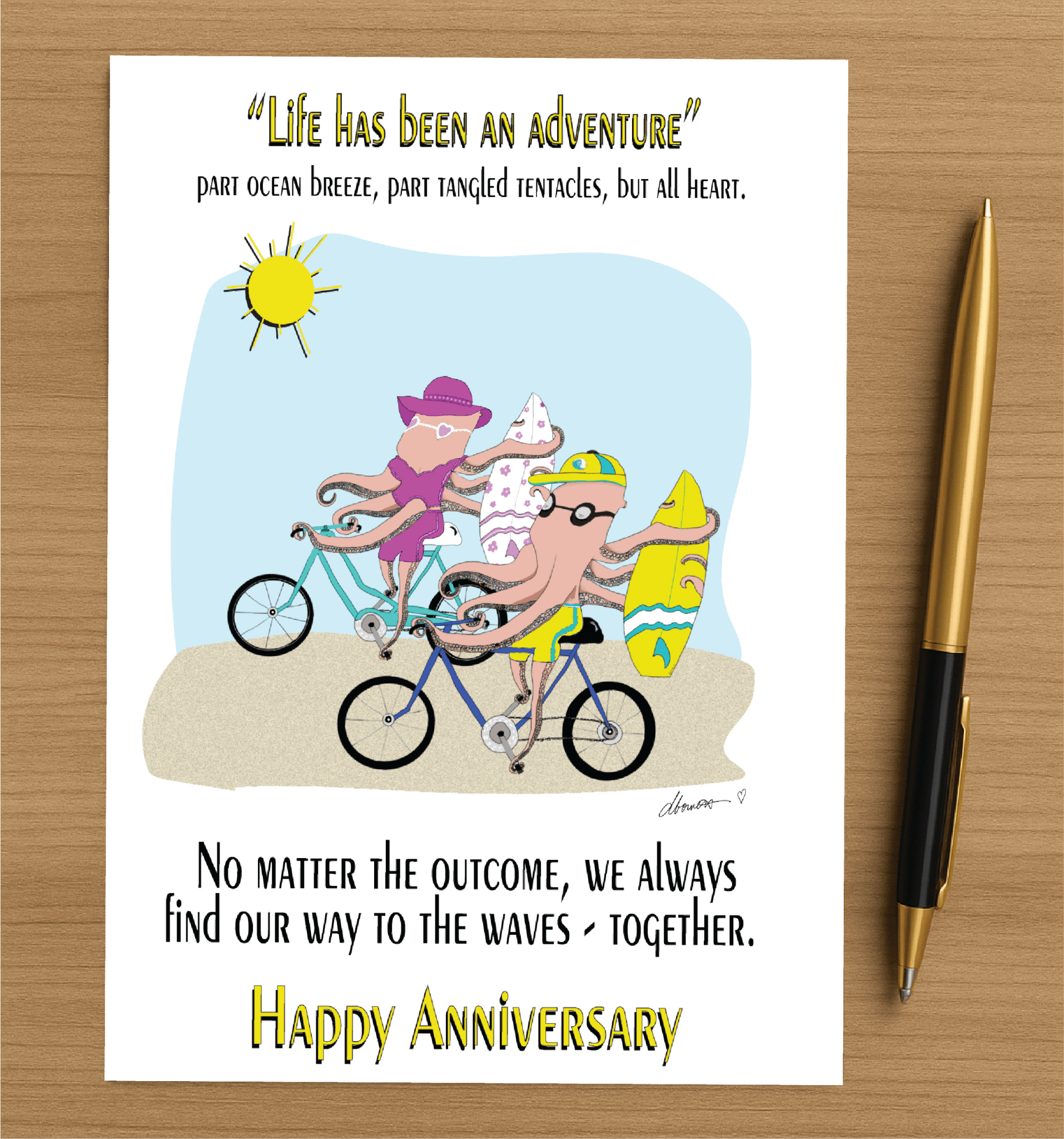 Anniversary Card Ocean - Inspired - Octopus Surfing Couple - Quirky Greeting Card for Sea Lovers - Color Crumbs Club