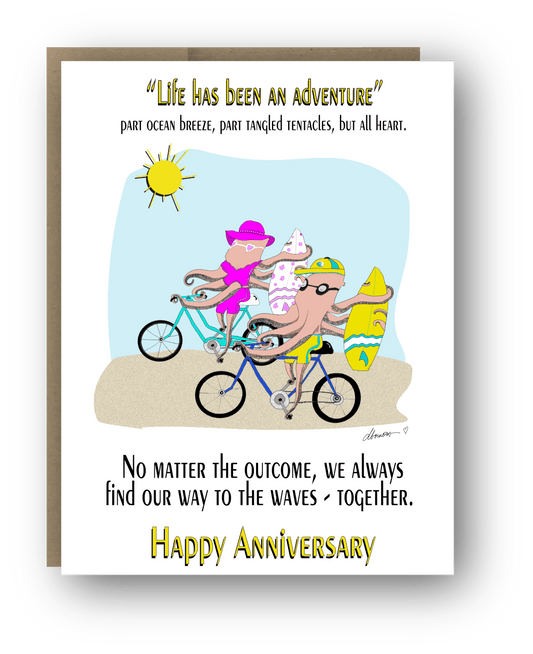 Anniversary Card – Surfing Couple on Bikes – “We Always Find Our Way to the Waves” Octopus Anniversary Greeting Card - Squirrellyartmama