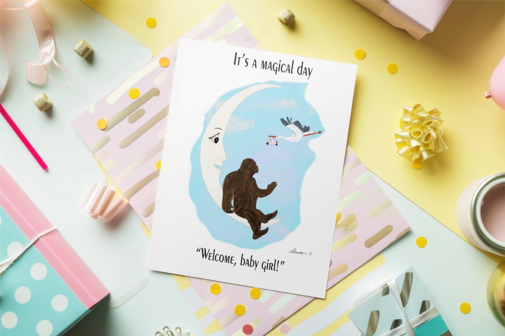 Big Foot welcomes Baby Girl Greeting Card - A Magical Day Welcome Baby Girl greeting card - Squirrellyartmama