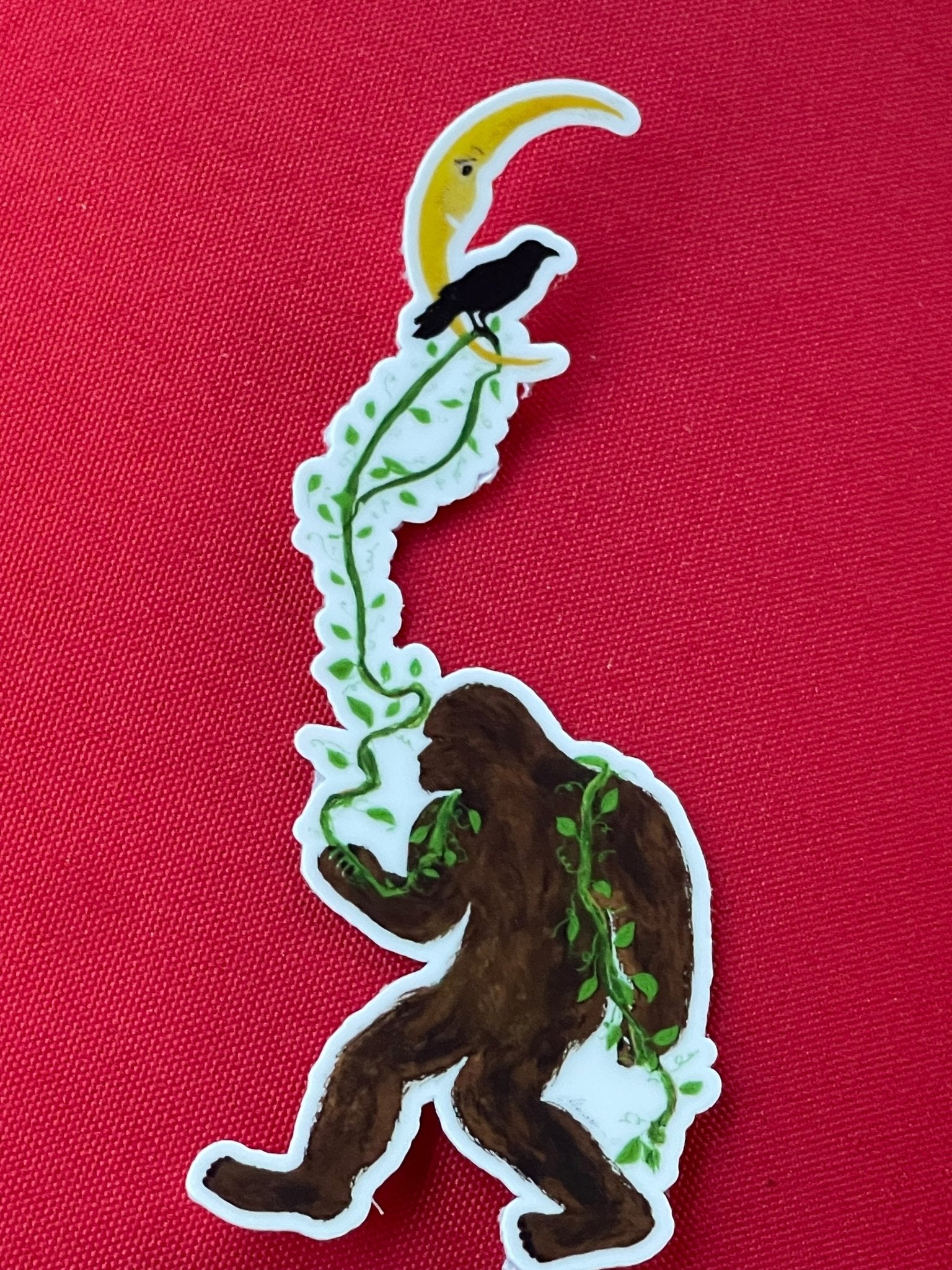 Bigfoot Lasso the Moon Sticker with Crow – Whimsical PNW Vinyl Decal Die Cut Sticker - Color Crumbs Club