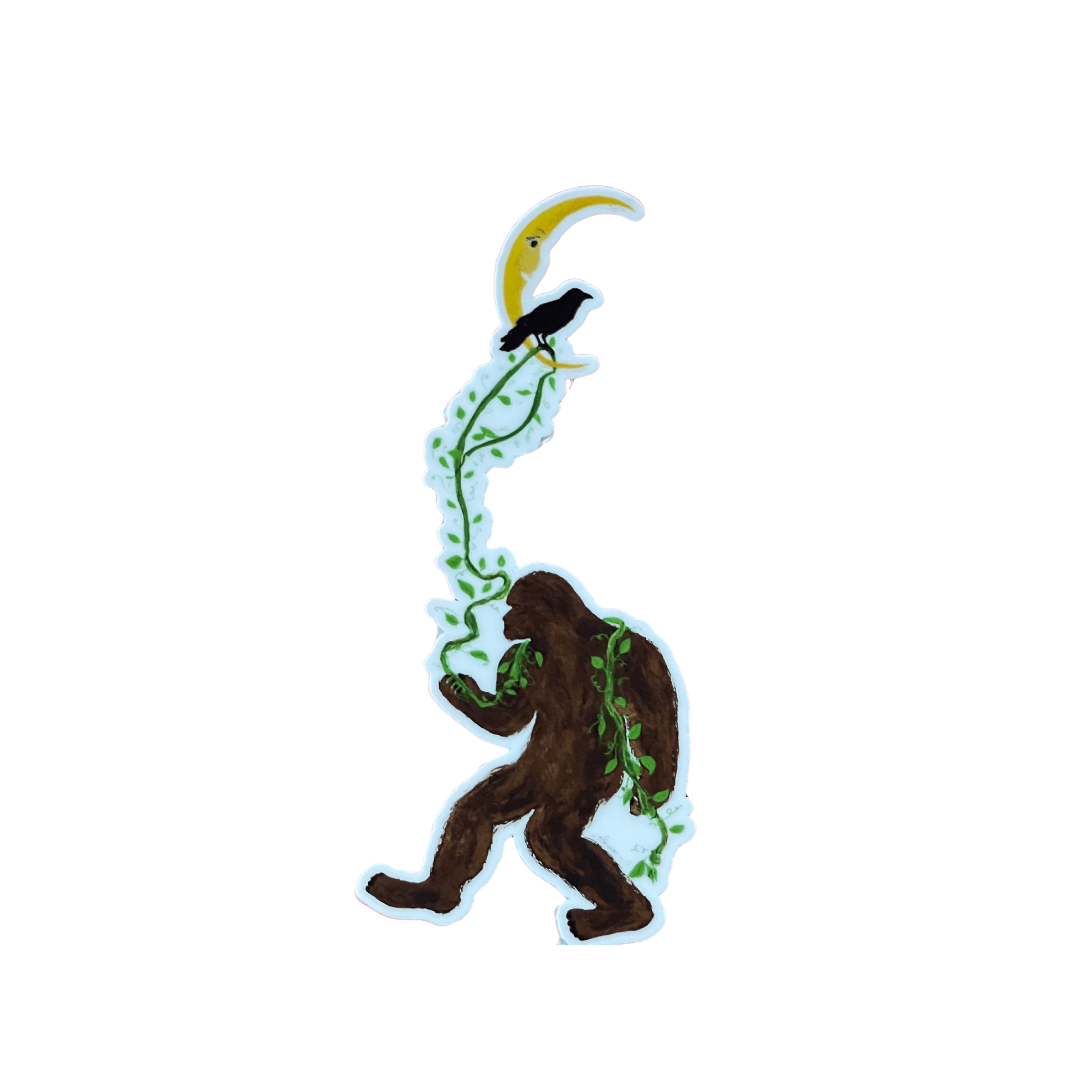 Bigfoot Lasso the Moon Sticker with Crow – Whimsical PNW Vinyl Decal Die Cut Sticker - Color Crumbs Club