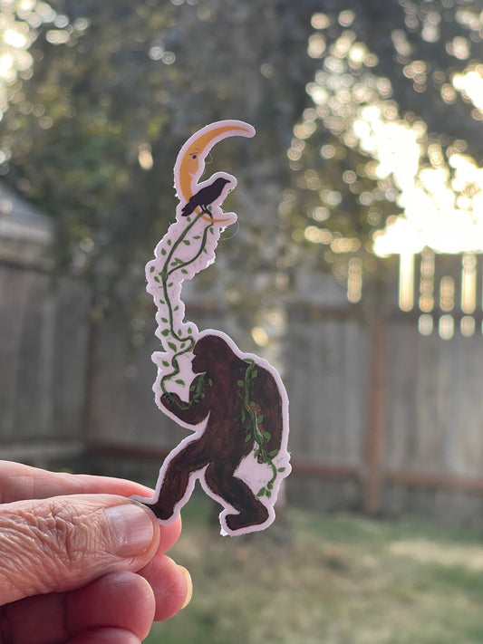 Bigfoot Lasso the Moon Sticker with Crow – Whimsical PNW Vinyl Decal Die Cut Sticker - Color Crumbs Club