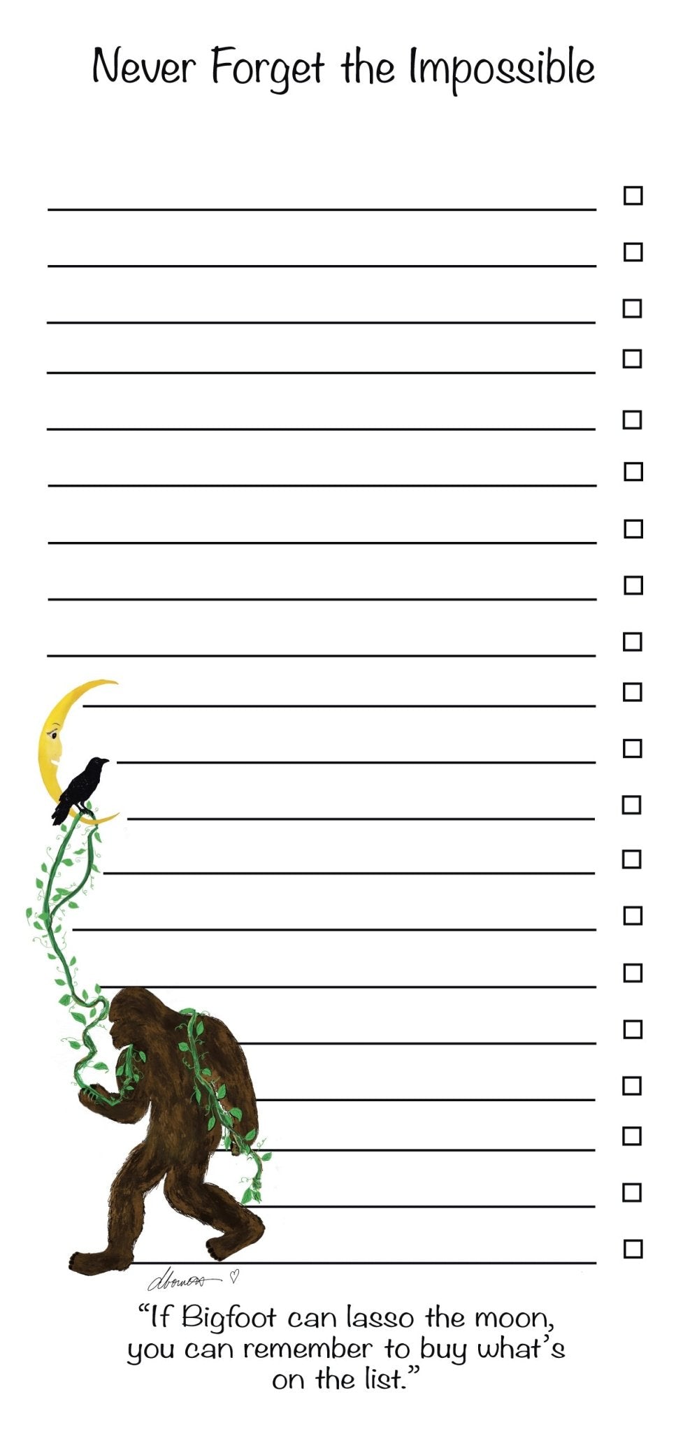 Bigfoot Lassoing the Moon Magnetic Notepad – “Never Forget the Impossible” Refrigerator List Pad - Color Crumbs Club