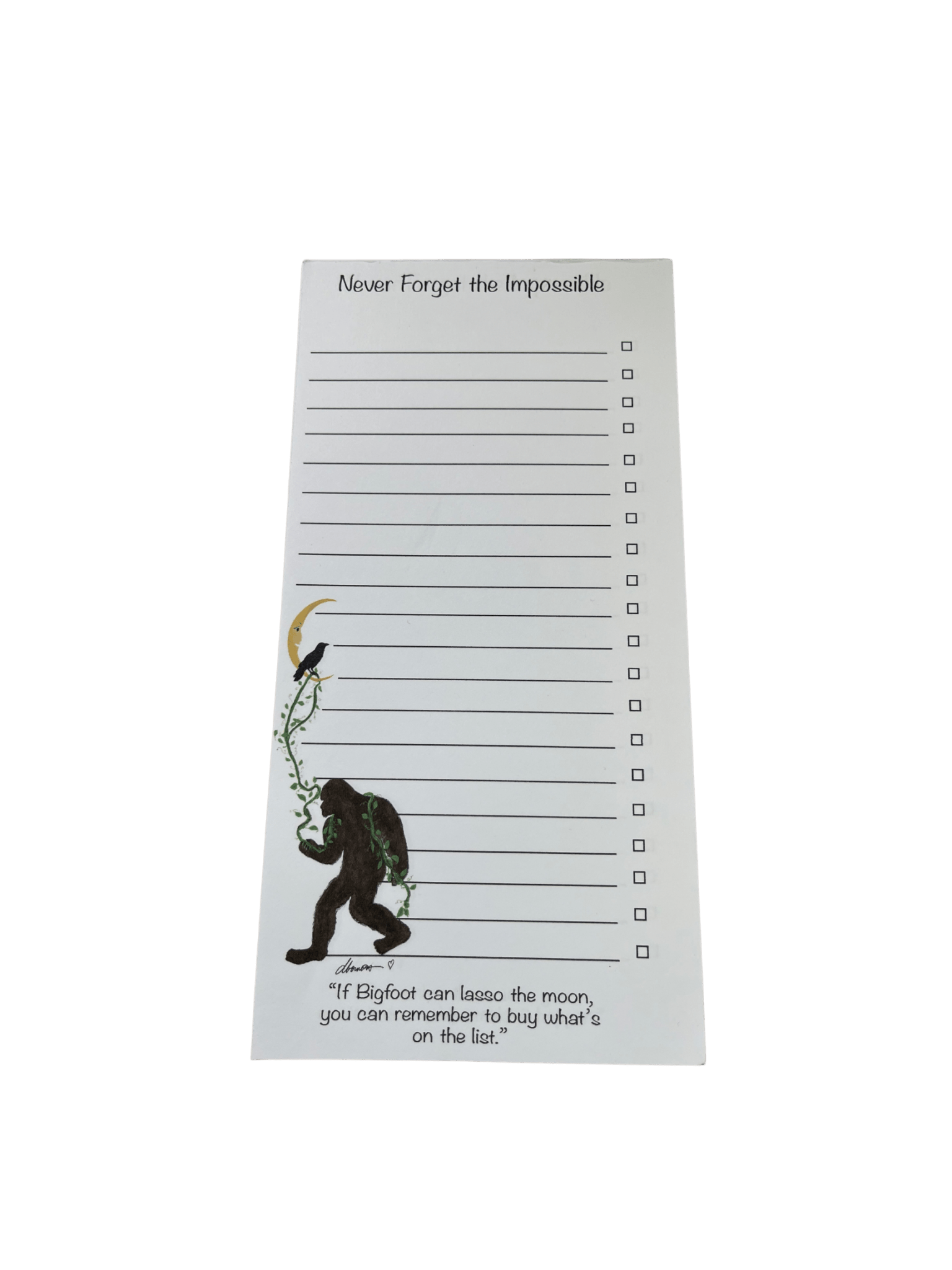 Bigfoot Lassoing the Moon Magnetic Notepad – “Never Forget the Impossible” Refrigerator List Pad - Color Crumbs Club