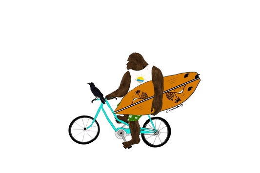 Bigfoot on Bike with Surfboard & Crow – Matte Die Cut Sticker - Color Crumbs Club