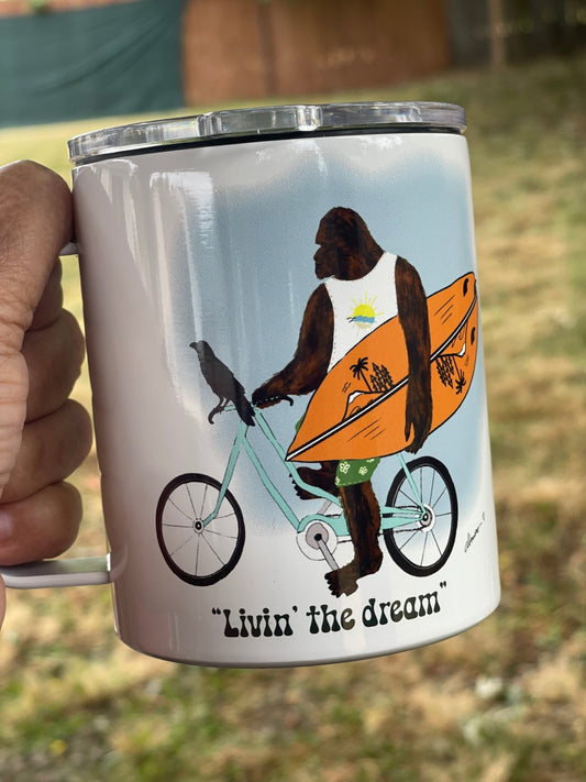 Bigfoot Surf Camp Mug – 12oz Aluminum with Lid | Living the Dream PNW Mug - Squirrellyartmama