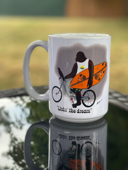 Bigfoot Surf Mug – Living the Dream 15oz Coffee Cup - Squirrellyartmama