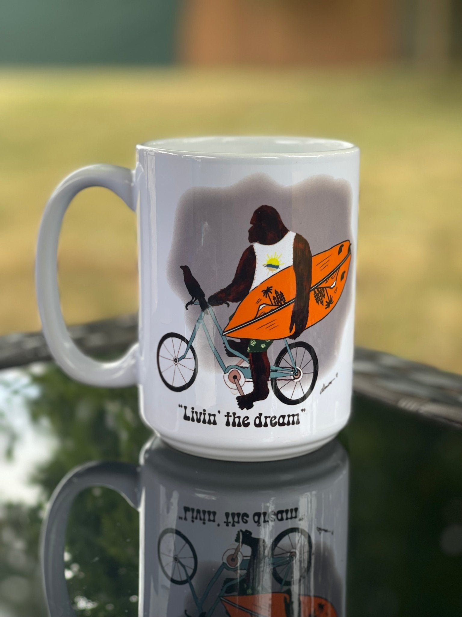 Bigfoot Surf Mug – Living the Dream 15oz Coffee Cup - Squirrellyartmama