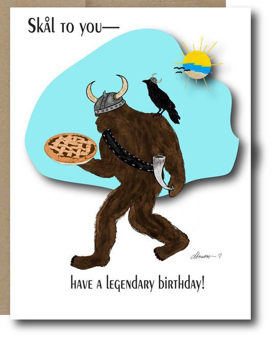Bigfoot Viking Birthday Card – “Skål to You” – Crow and Meat Pie – Legendary Birthday - Squirrellyartmama