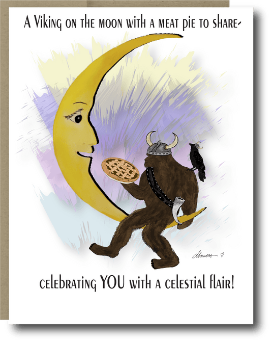 Bigfoot Viking Moon Greeting Card – Meat Pie & Crow – Celestial Celebration Card - Squirrellyartmama