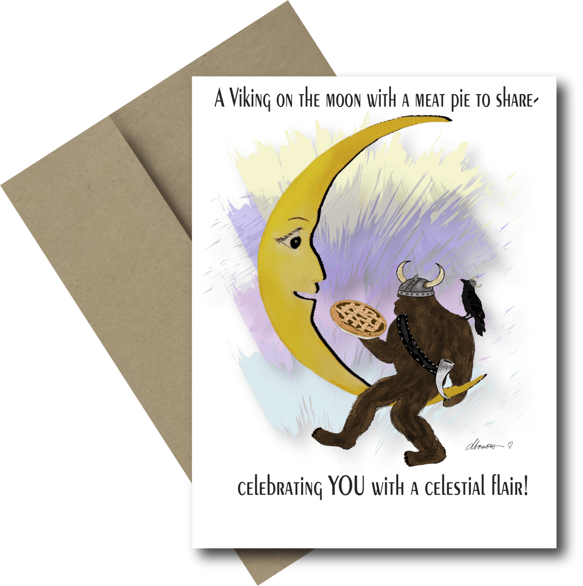 Bigfoot Viking Moon Greeting Card – Meat Pie & Crow – Celestial Celebration Card - Squirrellyartmama