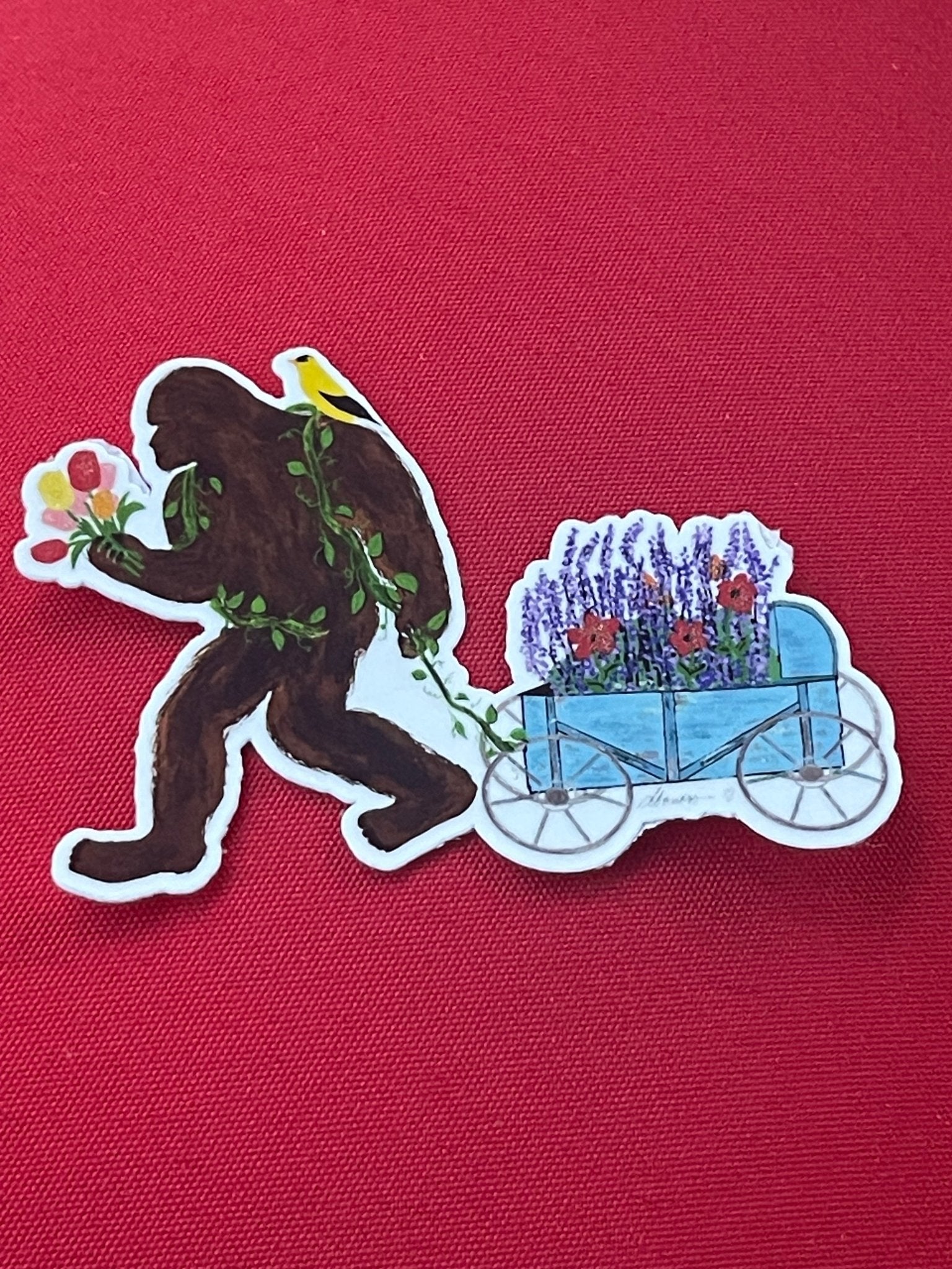 Bigfoot with Lavender Cart Sticker – Whimsical Sasquatch Holding Tulips Vinyl Decal Die Cut Sticker - Color Crumbs Club