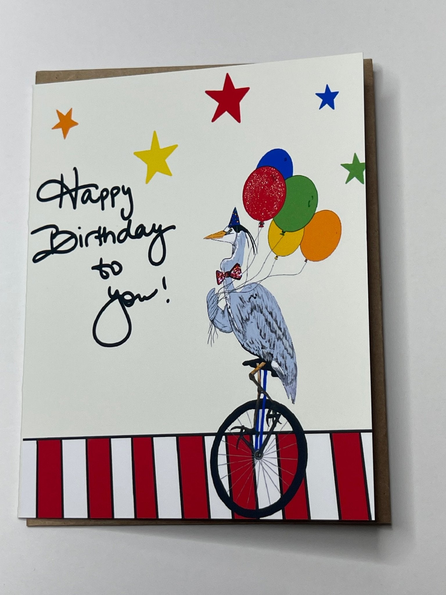 Birthday Card - Heron Celebrates Happy Birthday - Squirrellyartmama