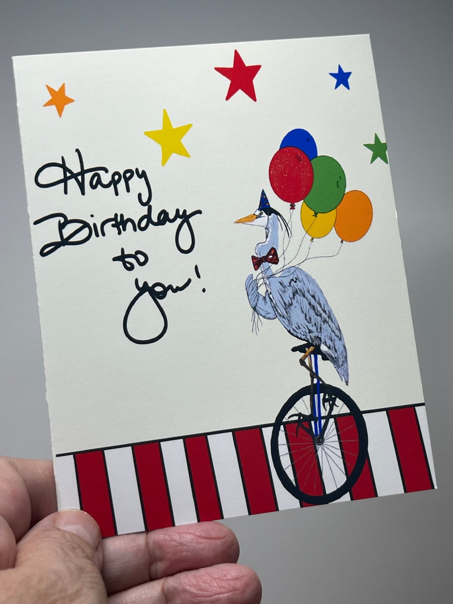 Birthday Card - Heron Celebrates Happy Birthday - Squirrellyartmama