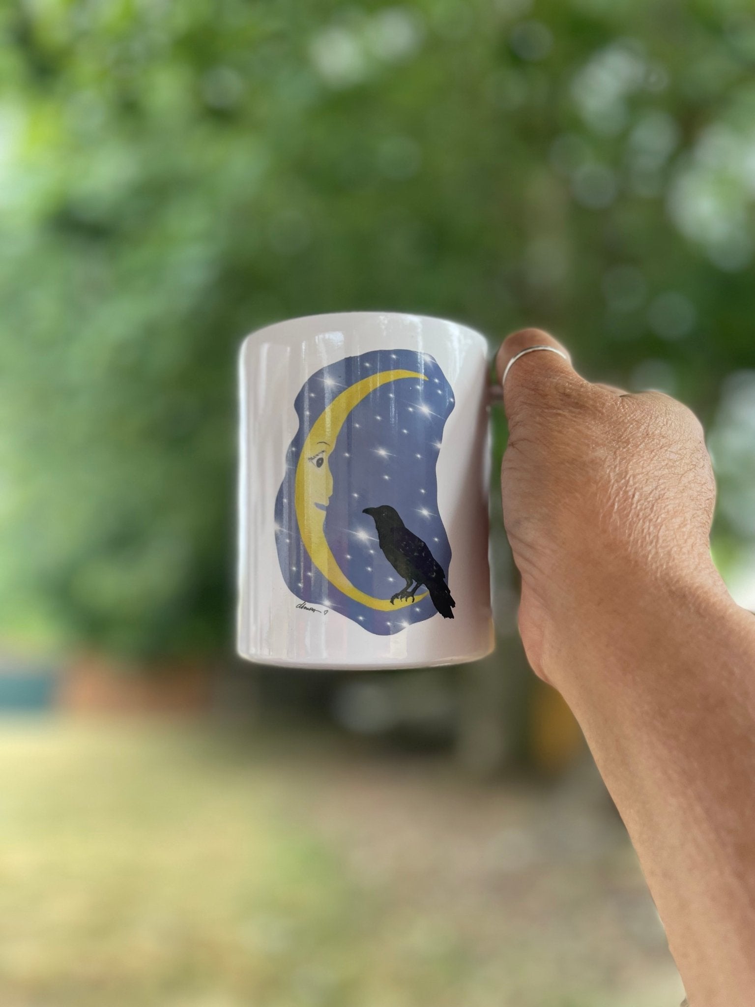Cawfee First Crow Moon Mug – 12oz Enamel Coffee Cup with Crescent Moon Illustration - Squirrellyartmama