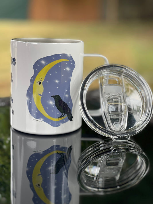 Cawfee First Crow Moon Mug – 12oz Enamel Coffee Cup with Crescent Moon Illustration - Squirrellyartmama