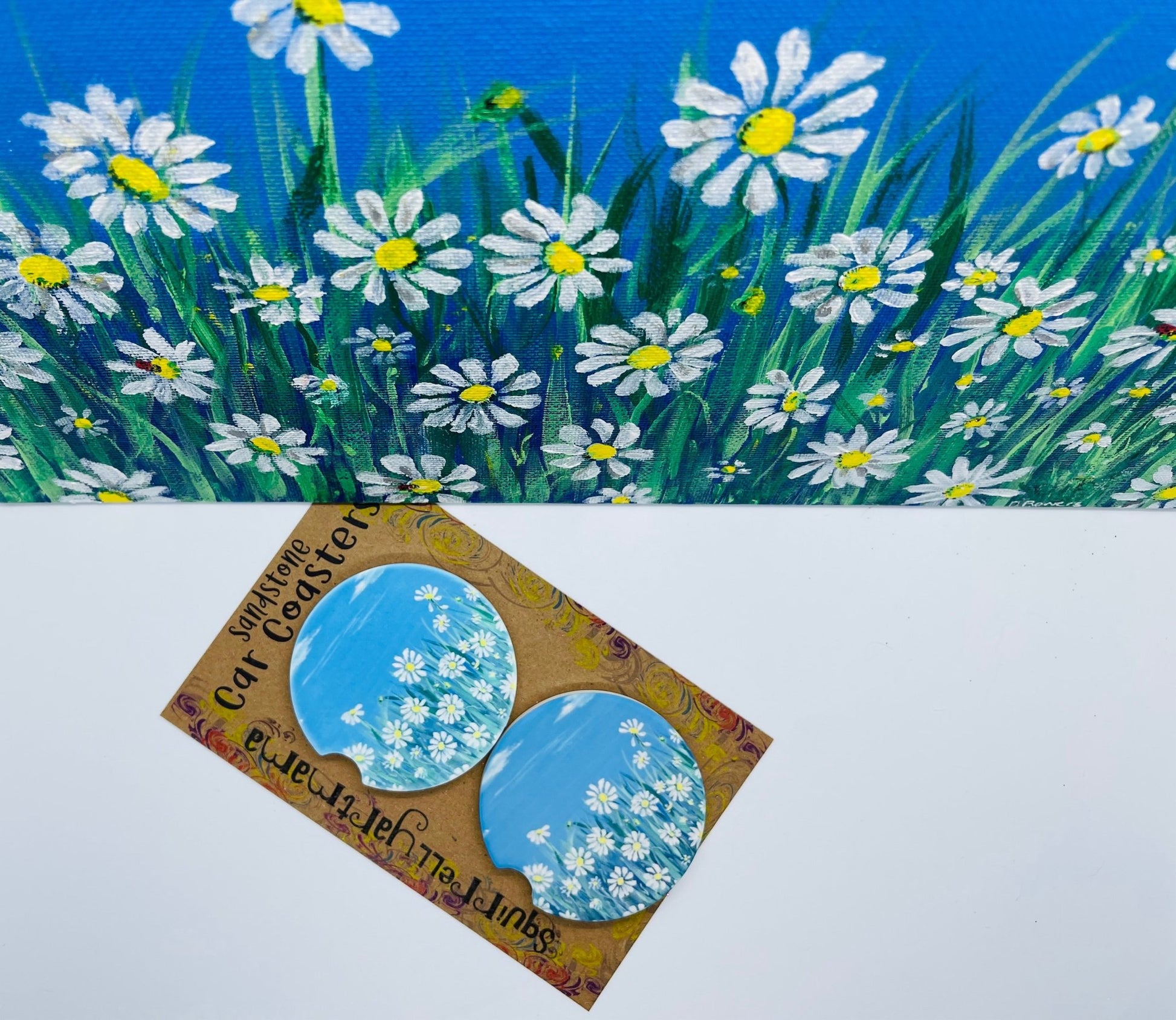 Coaster Sandstone Car Coaster Set - Daisies - Squirrellyartmama