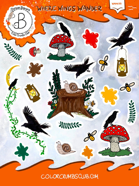 Crows Sticker Sheet - Where Wings Wander Crows Sticker Sheet Collection - Color Crumbs Club