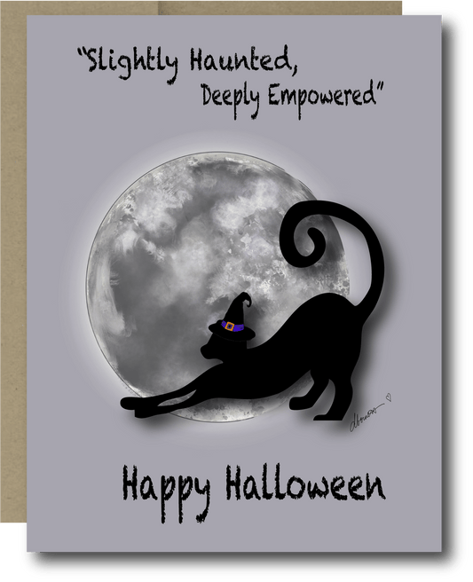 Empowering Halloween Card – A2 Black Cat Greeting Card with Full Moon and Witch Hat – Slightly Haunted, Deeply Empowered - Squirrellyartmama