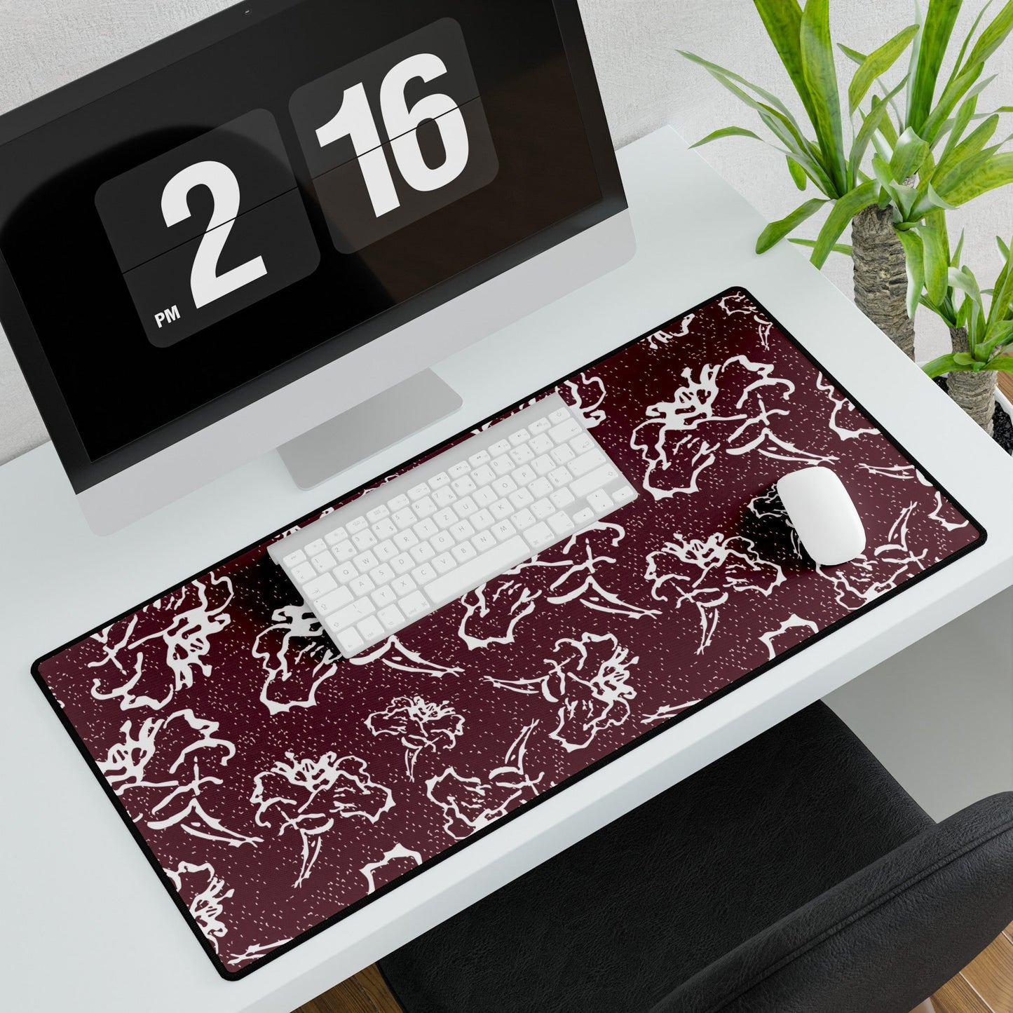 Fleeting White Flower Maroon Back Cream Specks Desk Mat - Squirrellyartmama