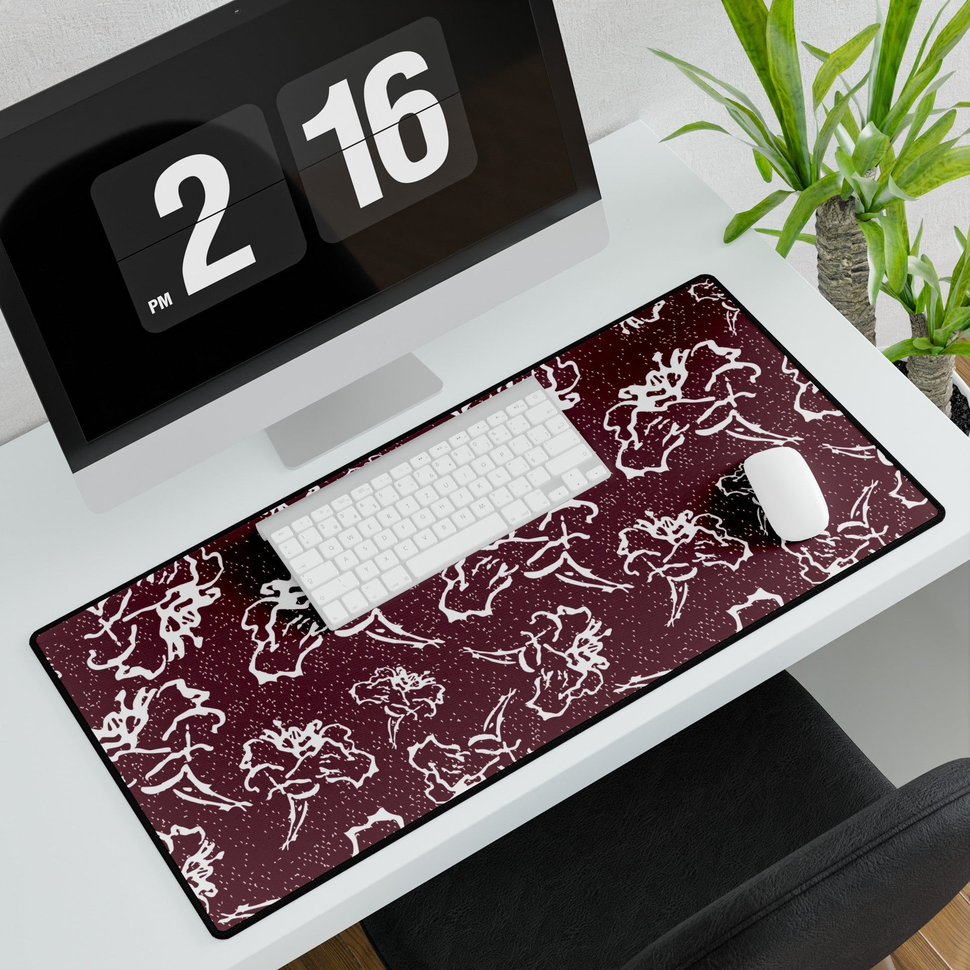 Fleeting White Flower Maroon Back Cream Specks Desk Mat - Squirrellyartmama