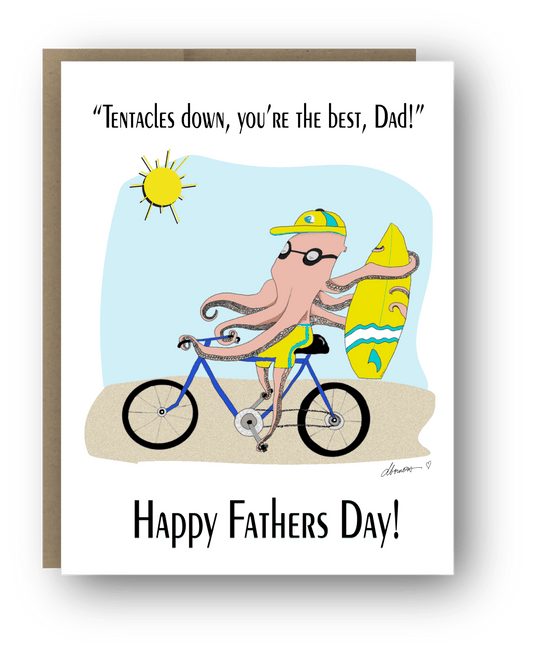 Funny Father’s Day Greeting Card – Octopus on Bike with Surfboard – “Tentacles Down, You’re the Best Dad” - Squirrellyartmama