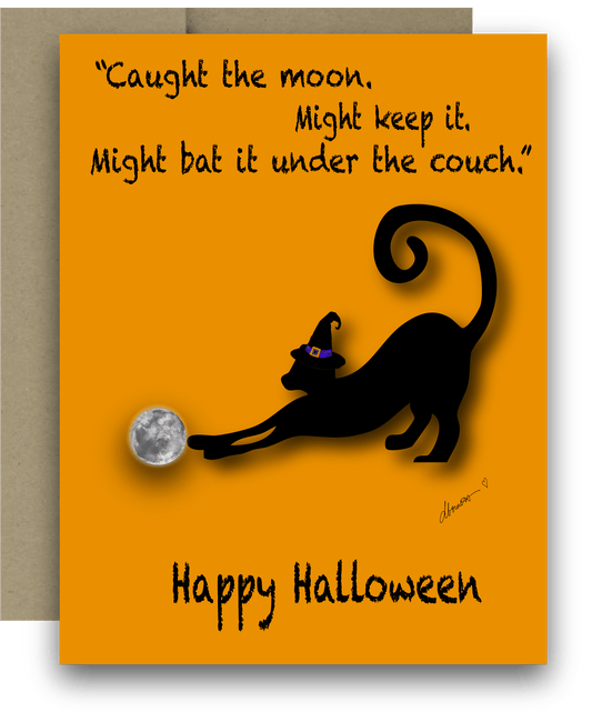 Funny Halloween Cat Card – A2 Greeting Card with Black Cat, Full Moon, and Witch Hat – “Caught the Moon” – Quirky Halloween Card - Squirrellyartmama