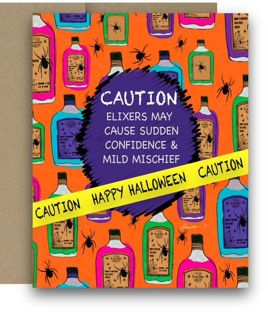 Funny Potion Halloween Card – A2 Greeting Card with Colorful Elixir Bottles and Caution Tape – Sudden Confidence and Mild Mischief - Squirrellyartmama