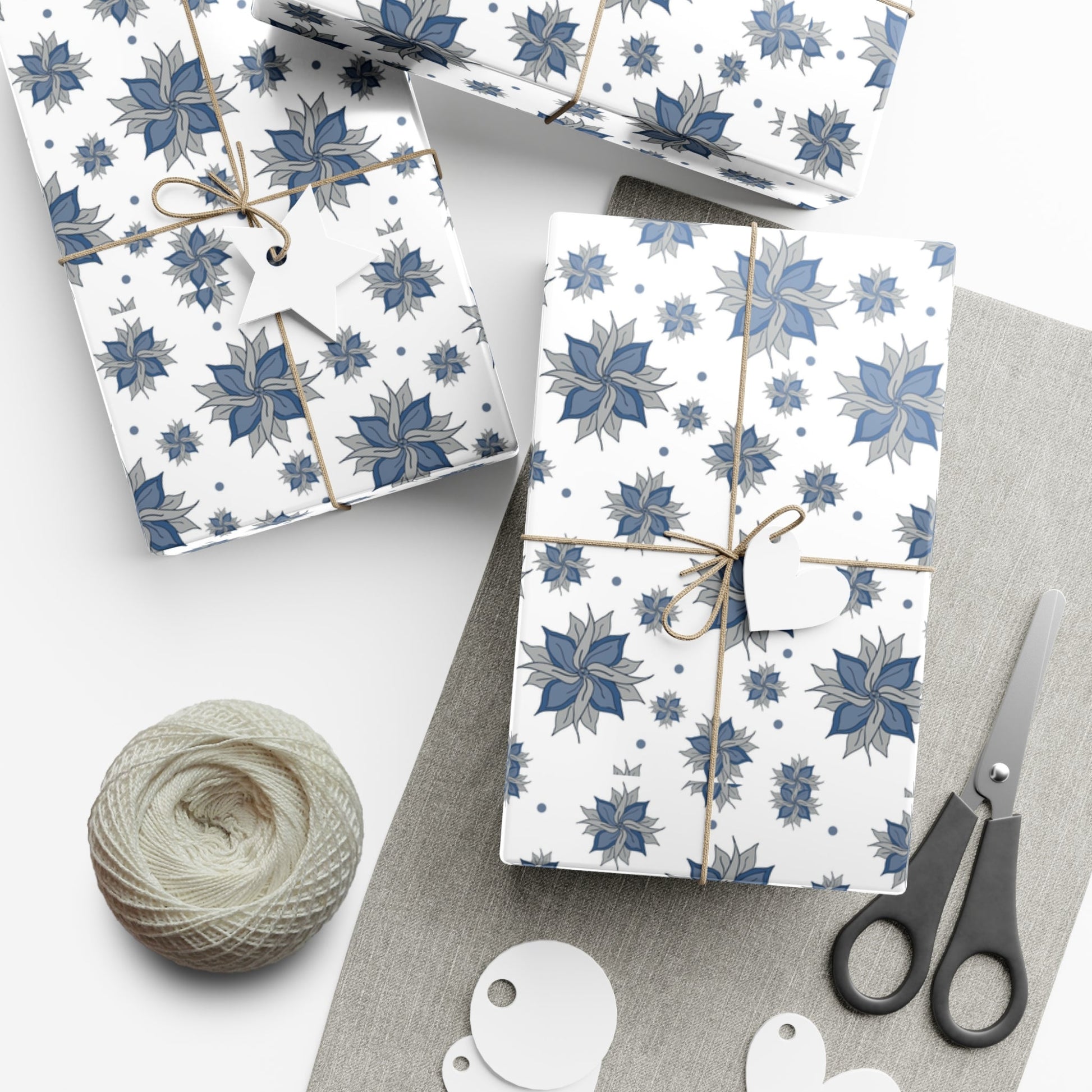 Gift Wrap Papers - Blue and Gray Flowers Design - Squirrellyartmama
