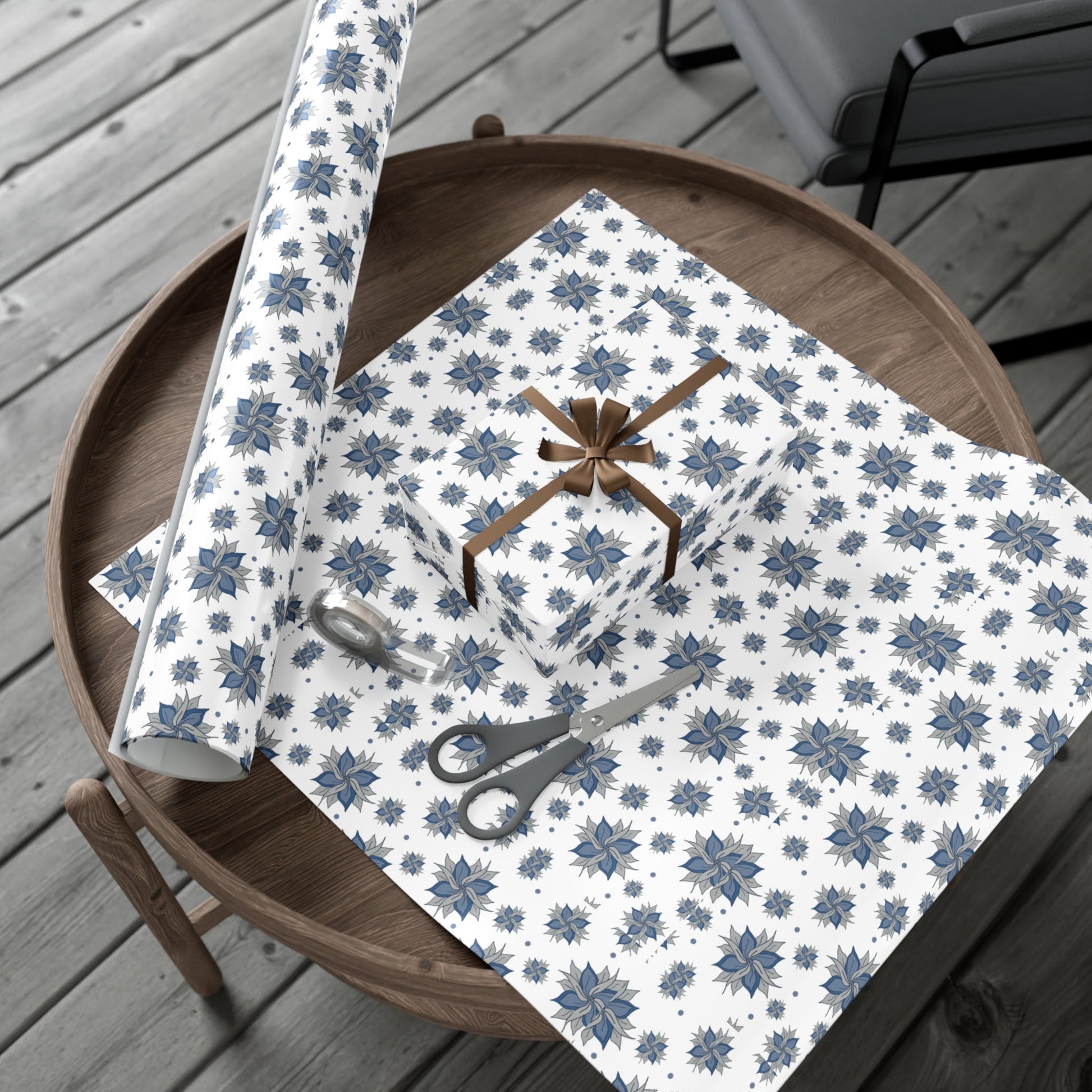Gift Wrap Papers - Blue and Gray Flowers Design - Squirrellyartmama