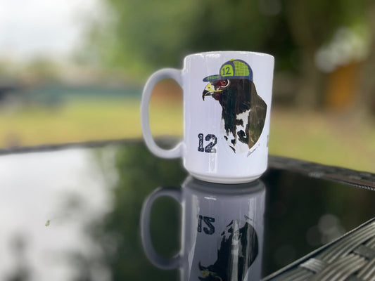 Go Hawks Mug – 15oz Coffee Cup with Hawk and 12 Hat – PNW Fan Gift - Squirrellyartmama