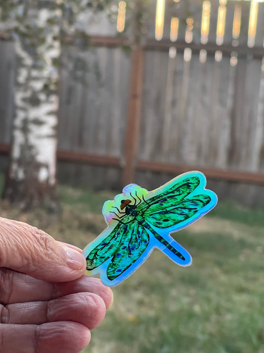Holographic Green Dragonfly Vinyl Sticker - Iridescent Nature Decal with Rainbow Shimmer Effect - Color Crumbs Club