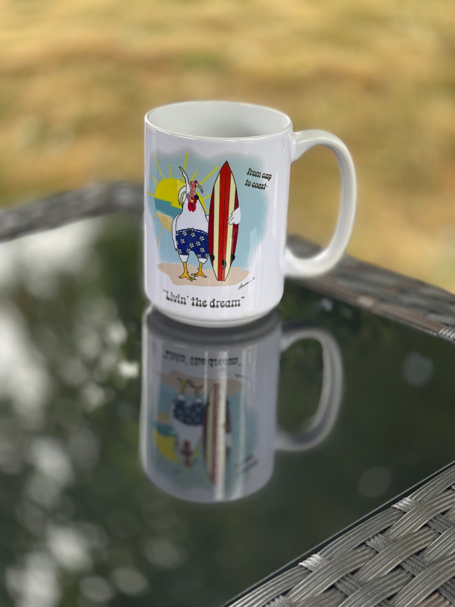 Living the Dream Rooster Mug – 15oz Surf Mug – From Coop to Coast - Squirrellyartmama
