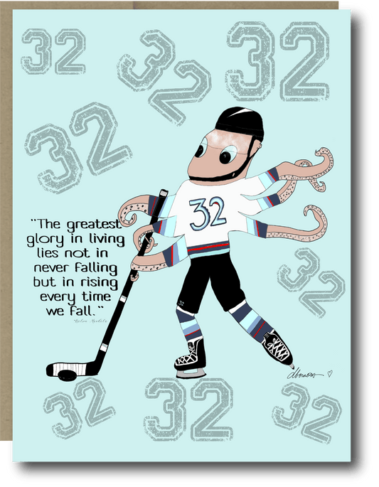 Octo Hockey Number 32 Fan Green Greeting Card - Note card Seattle Hockey Team colors - Squirrellyartmama
