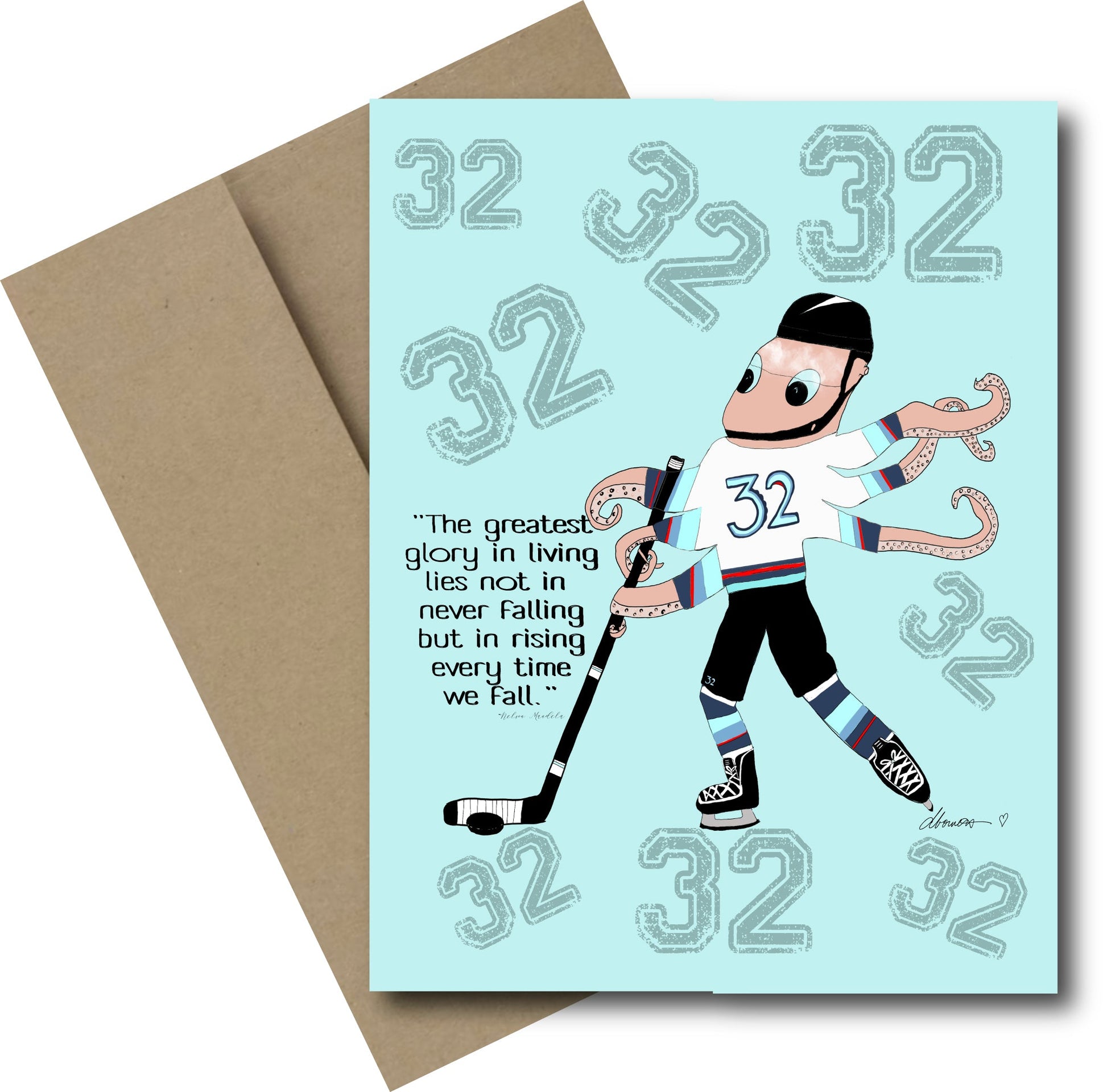 Octo Hockey Number 32 Fan Green Greeting Card - Note card Seattle Hockey Team colors - Squirrellyartmama
