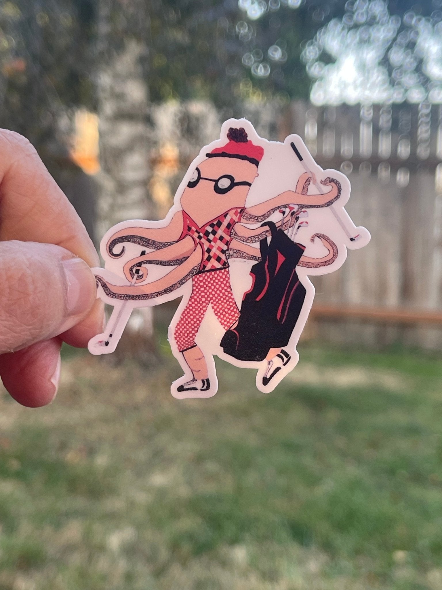 Octopus Golfer Sticker – Whimsical Red Checkered Golf Attire - Color Crumbs Club
