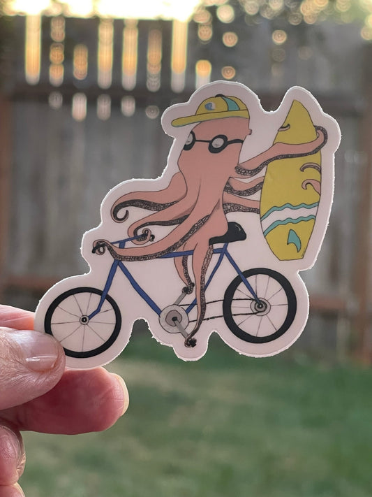 Octopus Riding Bike with Surfboard Vinyl Sticker - Funny Ocean Adventure Decal for Surfers & Cyclists - Color Crumbs Club
