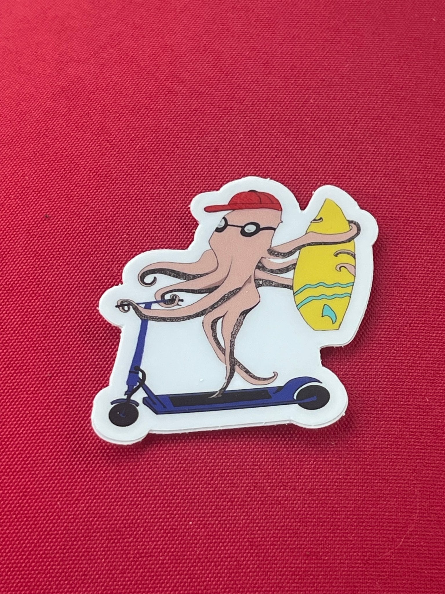 Octopus Riding Scooter with Surfboard Vinyl Sticker - Beach Commute Decal for Surfers & Scooter Riders - Color Crumbs Club