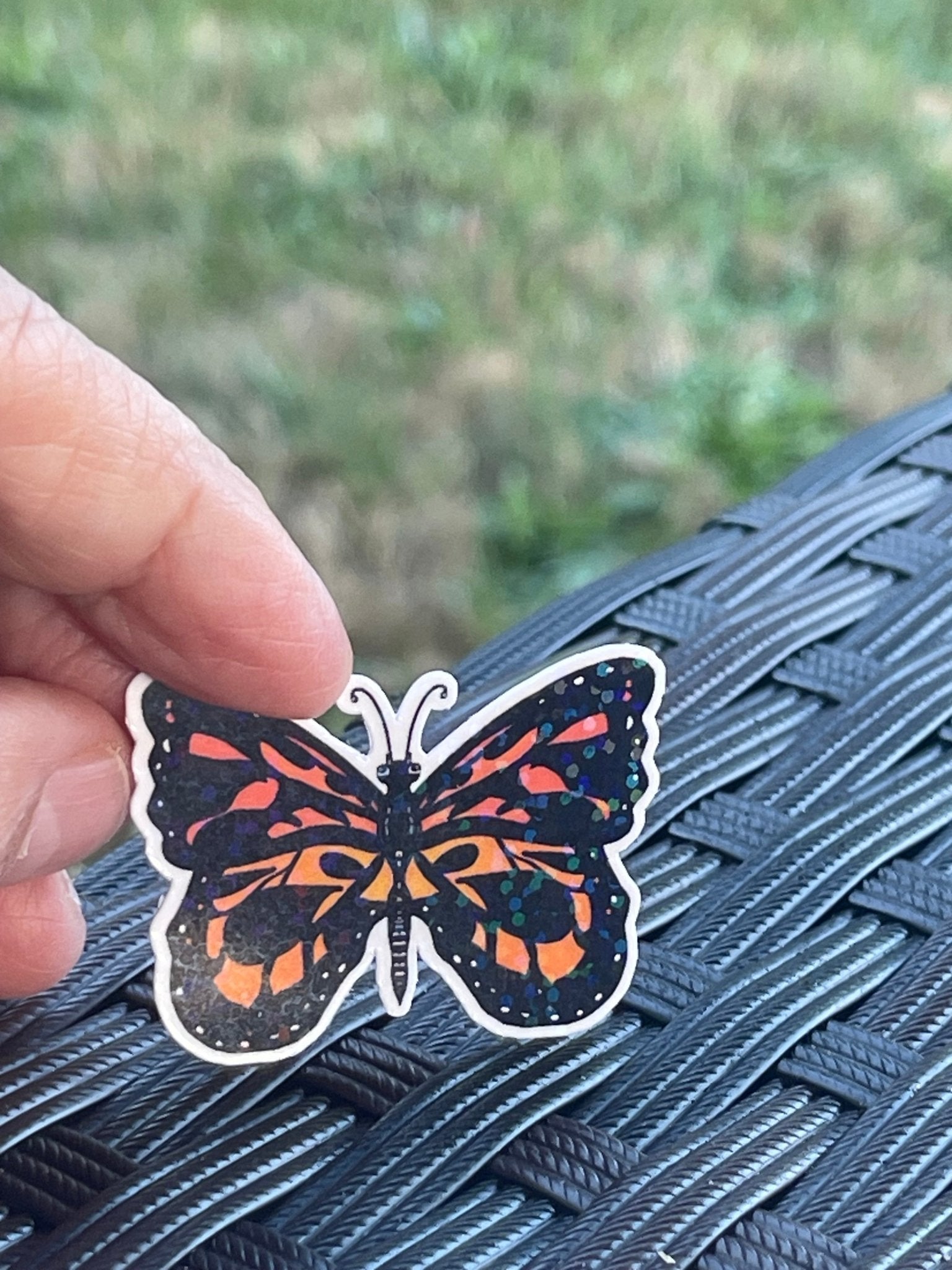 Orange Butterfly with Rainbow Glitter Vinyl Sticker – Bold & Shimmering Design - Color Crumbs Club