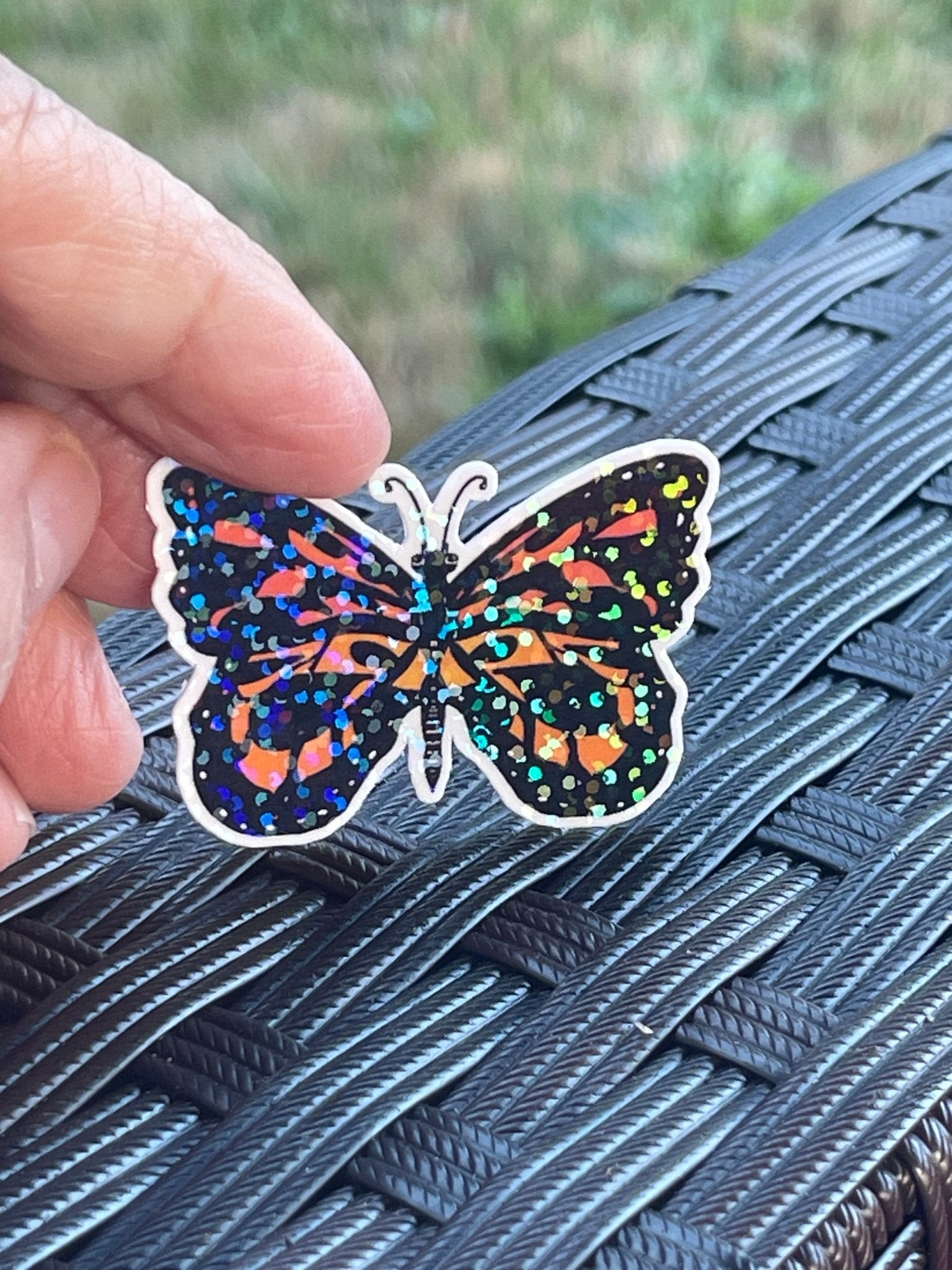Orange Butterfly with Rainbow Glitter Vinyl Sticker – Bold & Shimmering Design - Color Crumbs Club