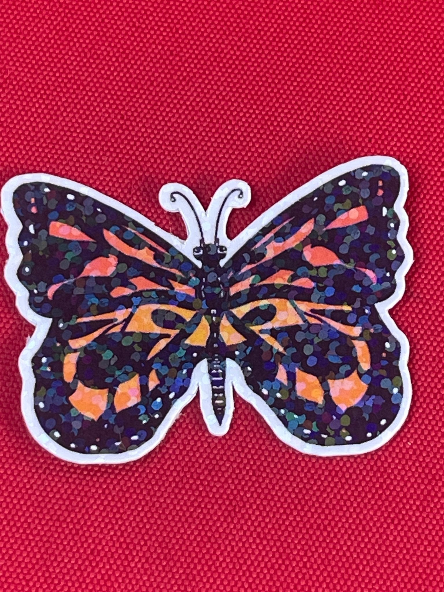 Orange Butterfly with Rainbow Glitter Vinyl Sticker – Bold & Shimmering Design - Color Crumbs Club