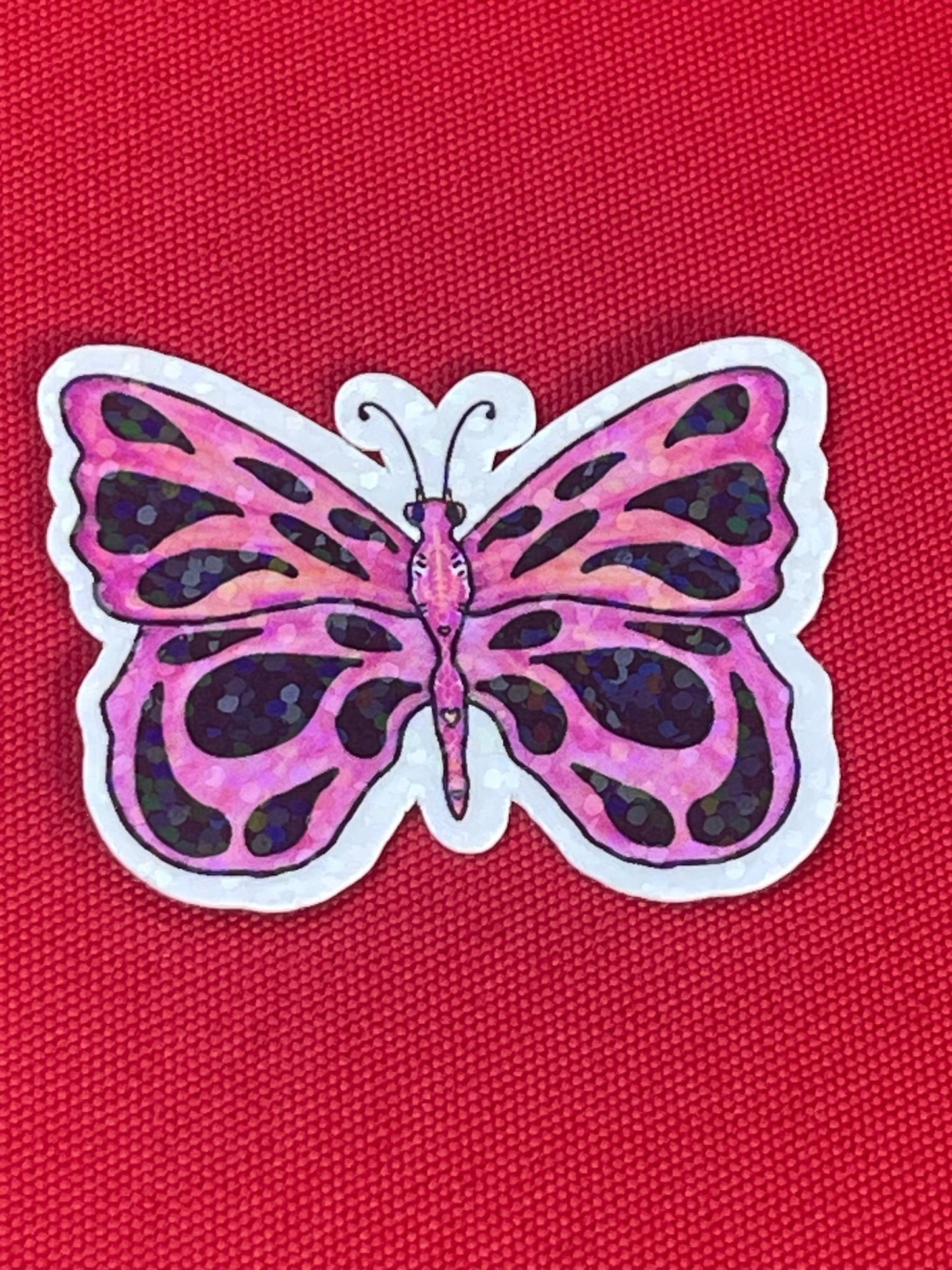 Pink Glittery Iridescent Butterfly Die Cut Sticker - Small Iridescent Pink Butterfly Vinyl Sticker - Color Crumbs Club