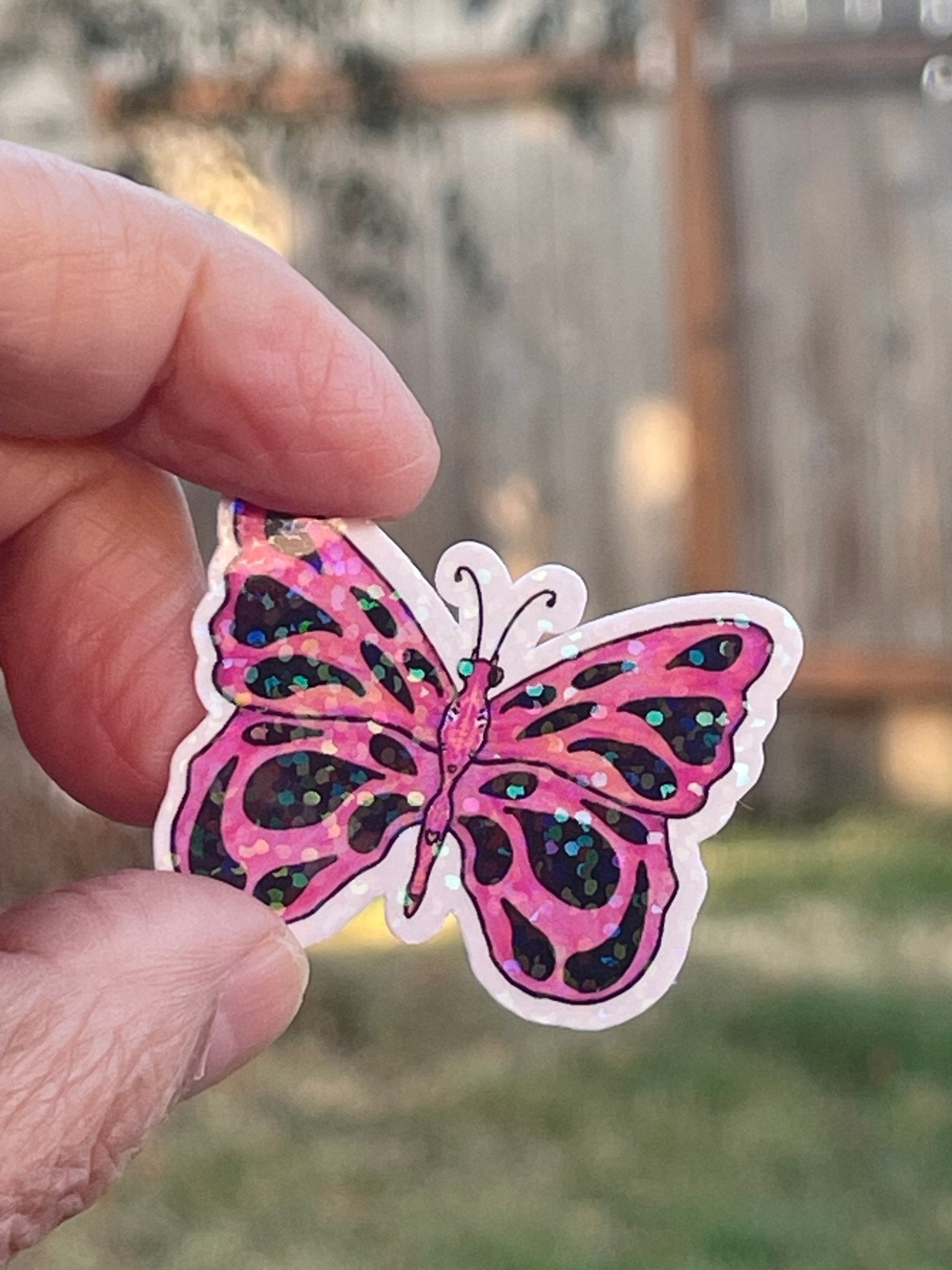 Pink Glittery Iridescent Butterfly Die Cut Sticker - Small Iridescent Pink Butterfly Vinyl Sticker - Color Crumbs Club