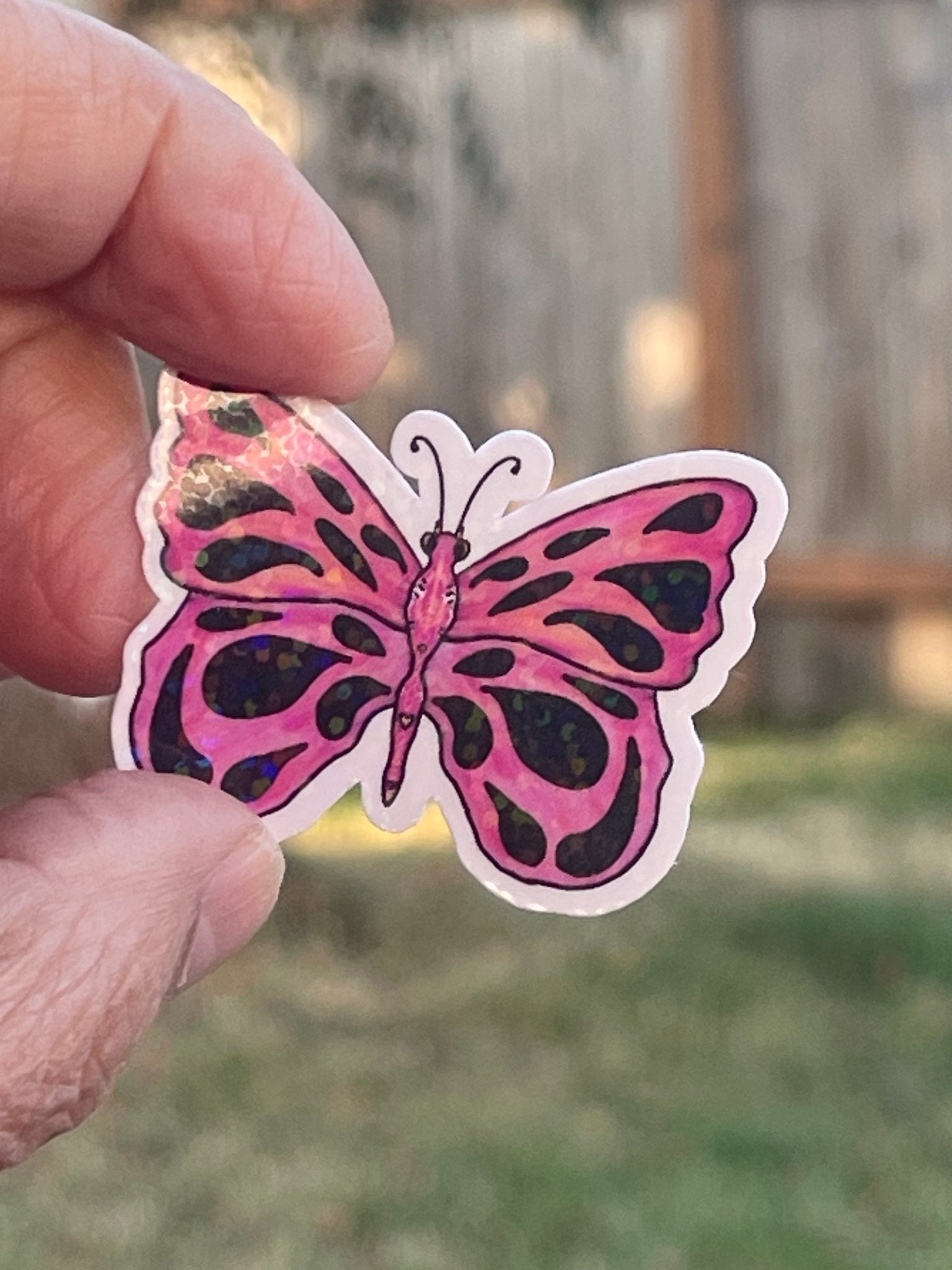 Pink Glittery Iridescent Butterfly Die Cut Sticker - Small Iridescent Pink Butterfly Vinyl Sticker - Color Crumbs Club